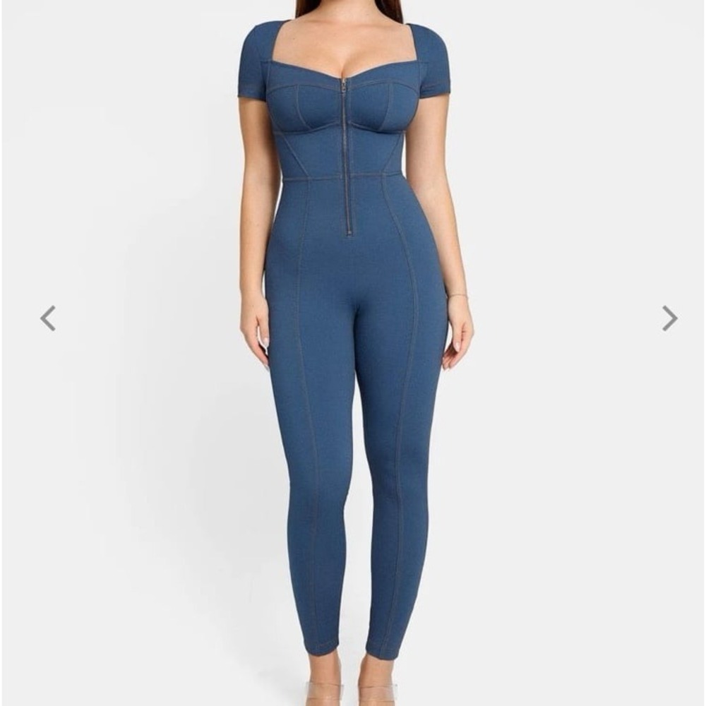 New popilush Shapewear faux‎ Denim Short Sleeve Zip Front Butt Lift Jumpsuit xxl